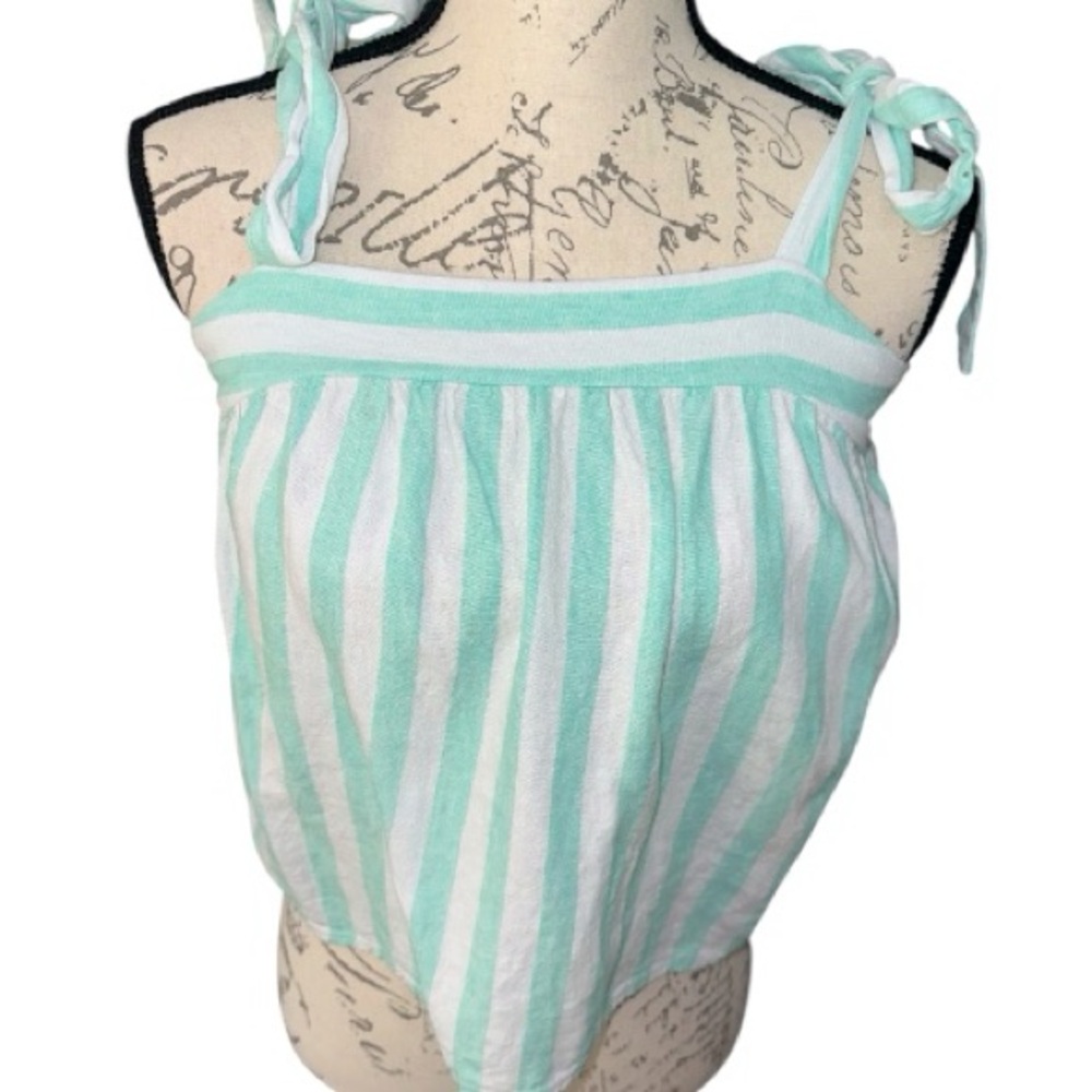 Striped Mint Green and White Sleeveless Linen Top
